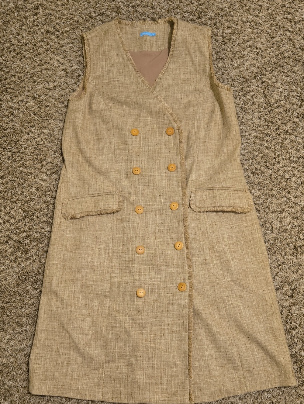 J. McLaughlin Neutral Beige Double-Breasted Fringe-Trim Midi Dress